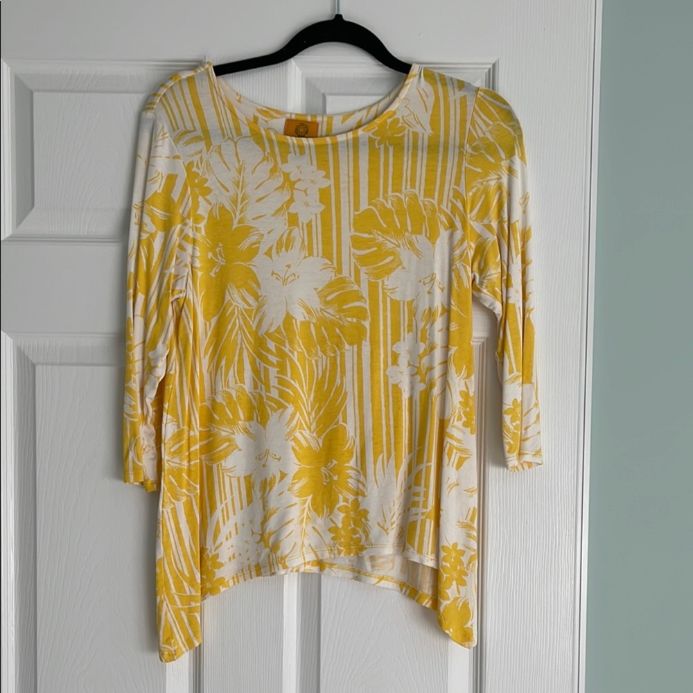 Yellow and White Tropical Print Round Neck Blouse